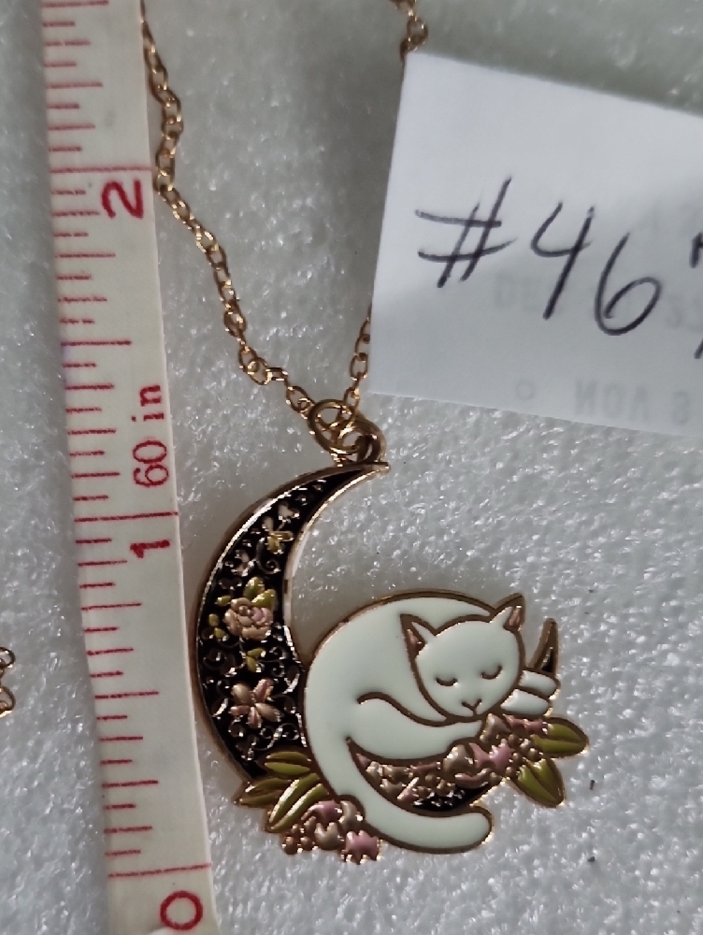 Hand Crafted Gold-Tone Crescent Moon Necklace with White Cat and Pink Flowers - Picture 3 of 7